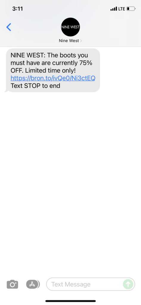 Nine West Text Message Marketing Example - 12.29.2021