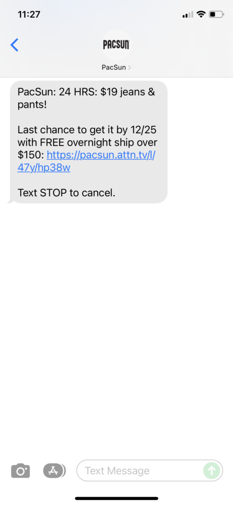 PacSun Text Message Marketing Example - 12.22.2021