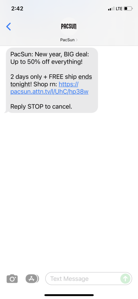PacSun Text Message Marketing Example - 12.31.2021