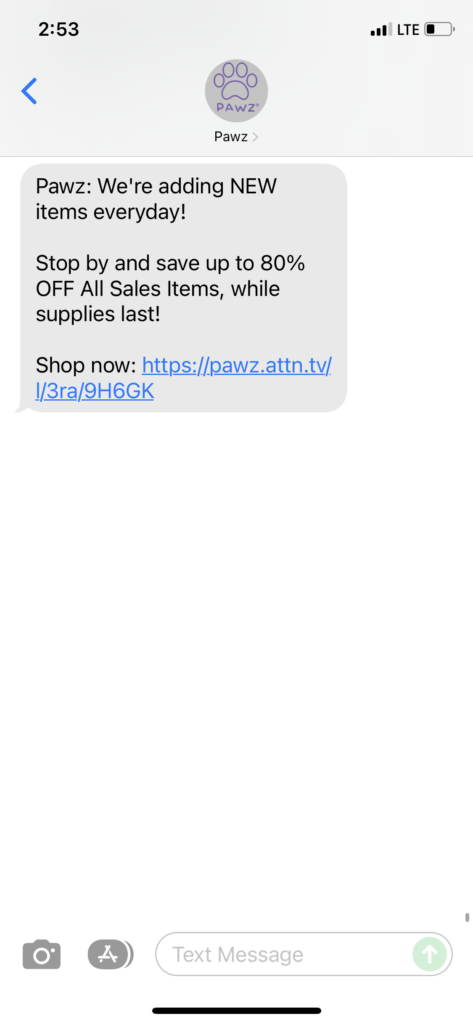 Pawz Text Message Marketing Example - 12.30.2021