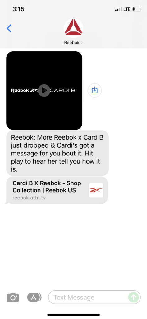 Reebok Text Message Marketing Example - 12.29.2021
