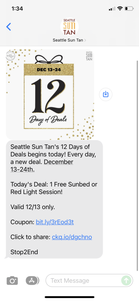 Seattle Sun Tan Text Message Marketing Example - 12.13.2021