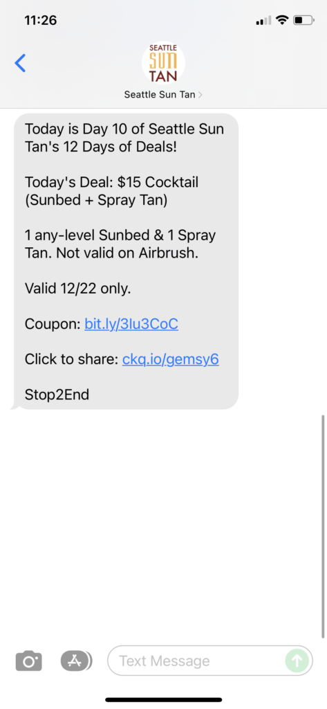 Seattle Sun Tan Text Message Marketing Example - 12.22.2021