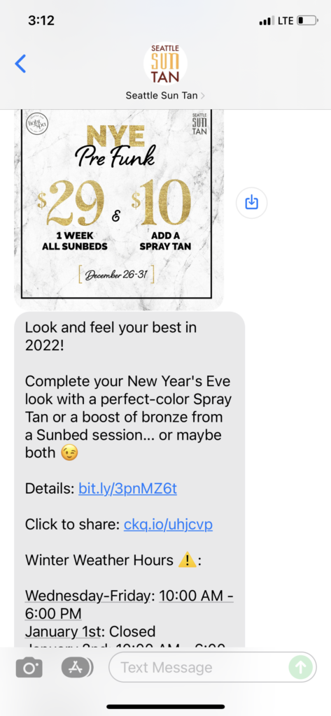 Seattle Sun Tan Text Message Marketing Example - 12.29.2021