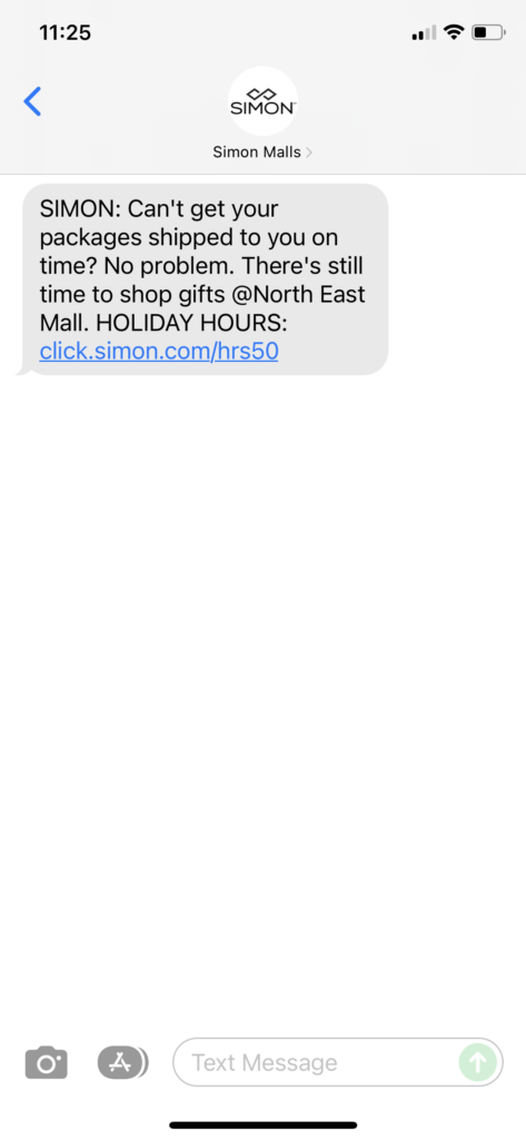 Simon Malls Text Message Marketing Example - 12.22.2021