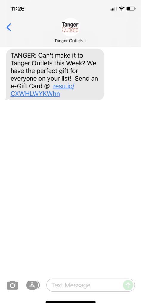 Tanger Outlets Text Message Marketing Example - 12.22.2021