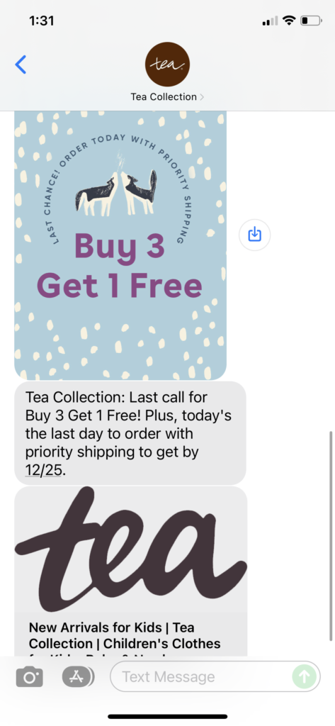 Tea Collection Text Message Marketing Example - 12.13.2021