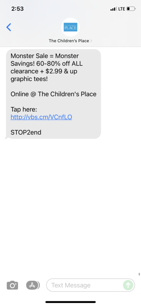 The Children's Place Text Message Marketing Example - 12.30.2021
