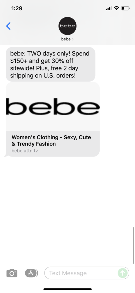 bebe Text Message Marketing Example - 12.13.2021