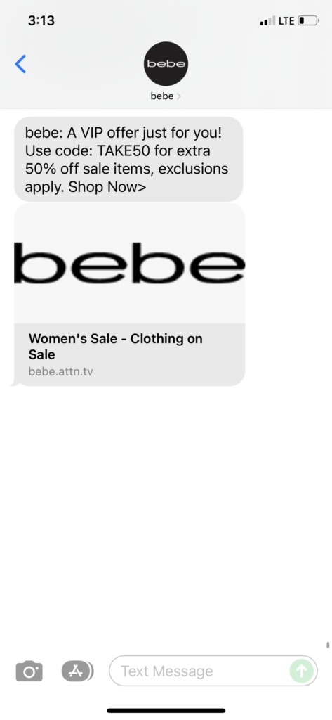 bebe Text Message Marketing Example - 12.29.2021